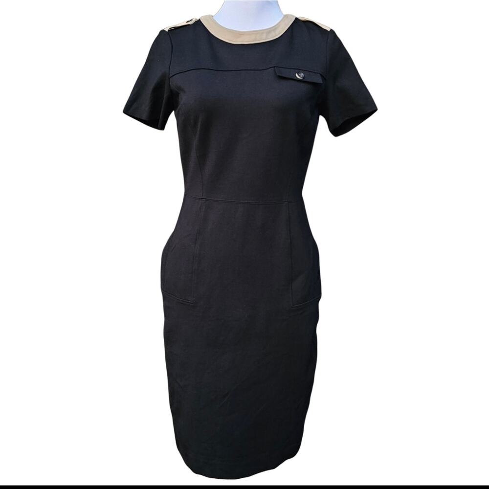 Brooks Brothers Black Stretch Knit Dress Tan Contrast Trim Size 2 Pocket Epaulet